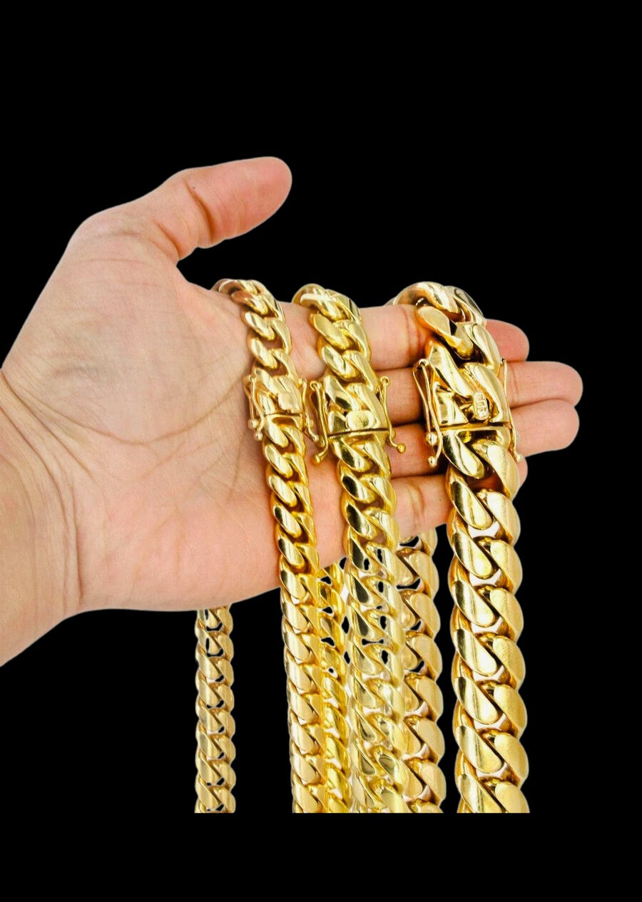 14k Solid Miami Cuban Link Chain (Yellow Gold, sizes 10mm thru 20mm)