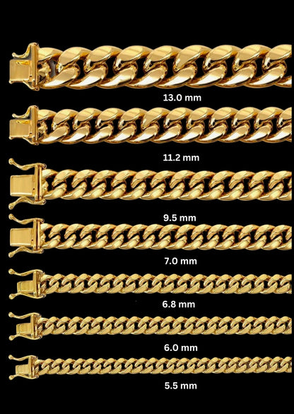 14k Solid Miami Cuban Link Chain (Yellow Gold, sizes 10mm thru 20mm)